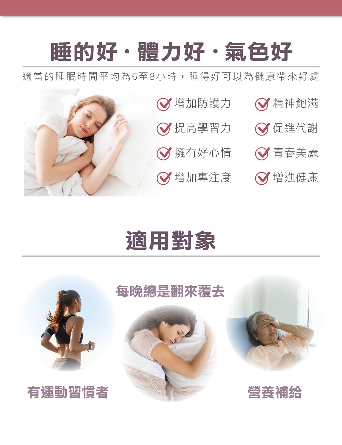 睡的好體力好氣色好適當的睡眠時間平均為6至8小時,睡得好可以為健康帶來好處增加防護力精神飽滿提高學習力促進代謝好心情青春美麗增加專注度增進健康適用對象每晚總是翻來覆去有運動習慣者營養補給