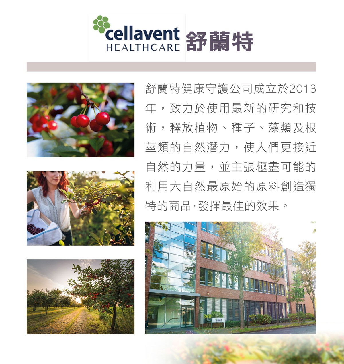 cellaventHEALTHCARE舒蘭特舒蘭特健康守護公司成立於2013年,致力於使用最新的研究和技術,釋放植物、種子、藻類及根莖類的自然潛力,使人們更接近自然的力量,並主張極盡可能的利用大自然最原始的原料創造獨特的商品,發揮最佳的效果。